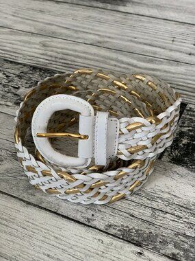 Vintage Braided Woven Belt M/L Adjustable 38" White Gold Leather Western 80s 90s